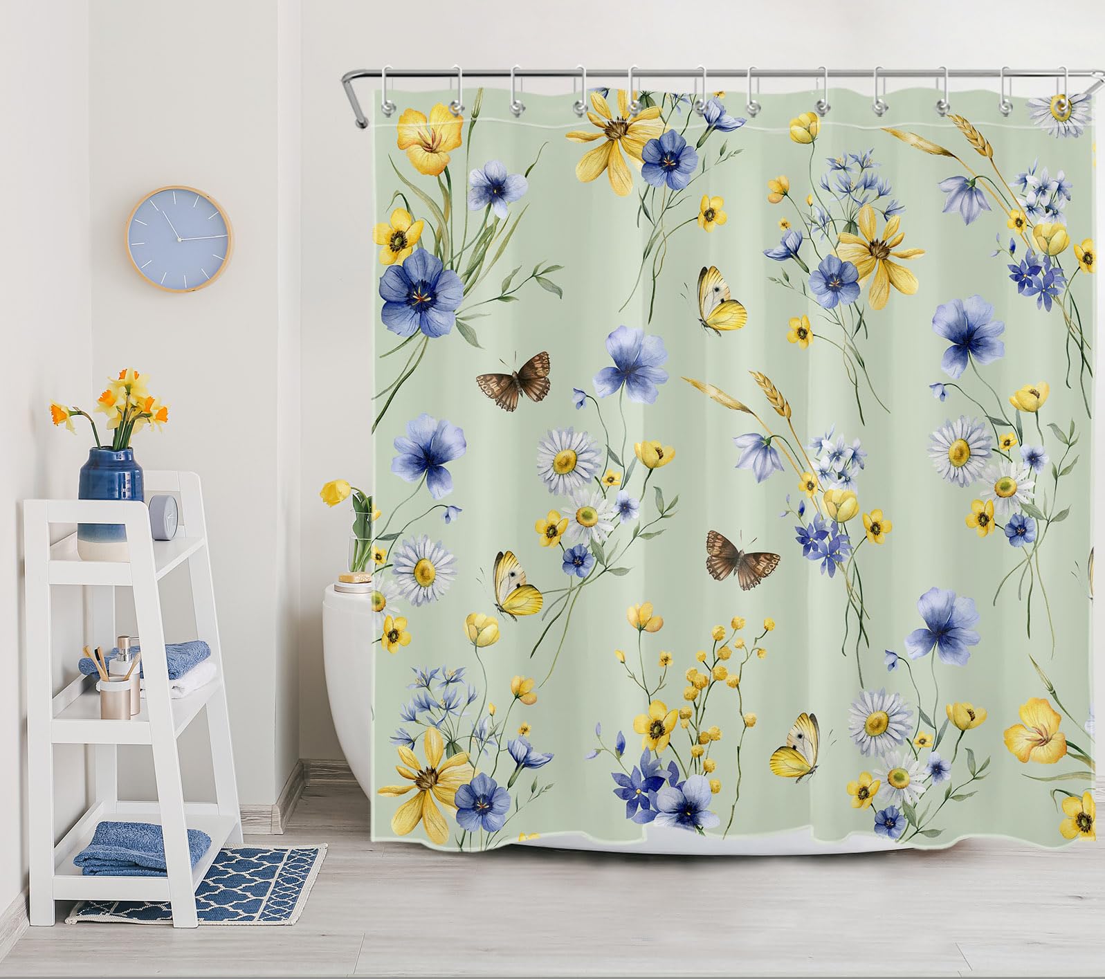 EOBTAIN Blue and Yellow Floral Shower Curtain for Bathroom Wildflower Botanical with Butterfly on Sage Green Shower Curtain with 12 Hooks Nature Plant Bathroom Curtains Shower Set 72x72 Inch