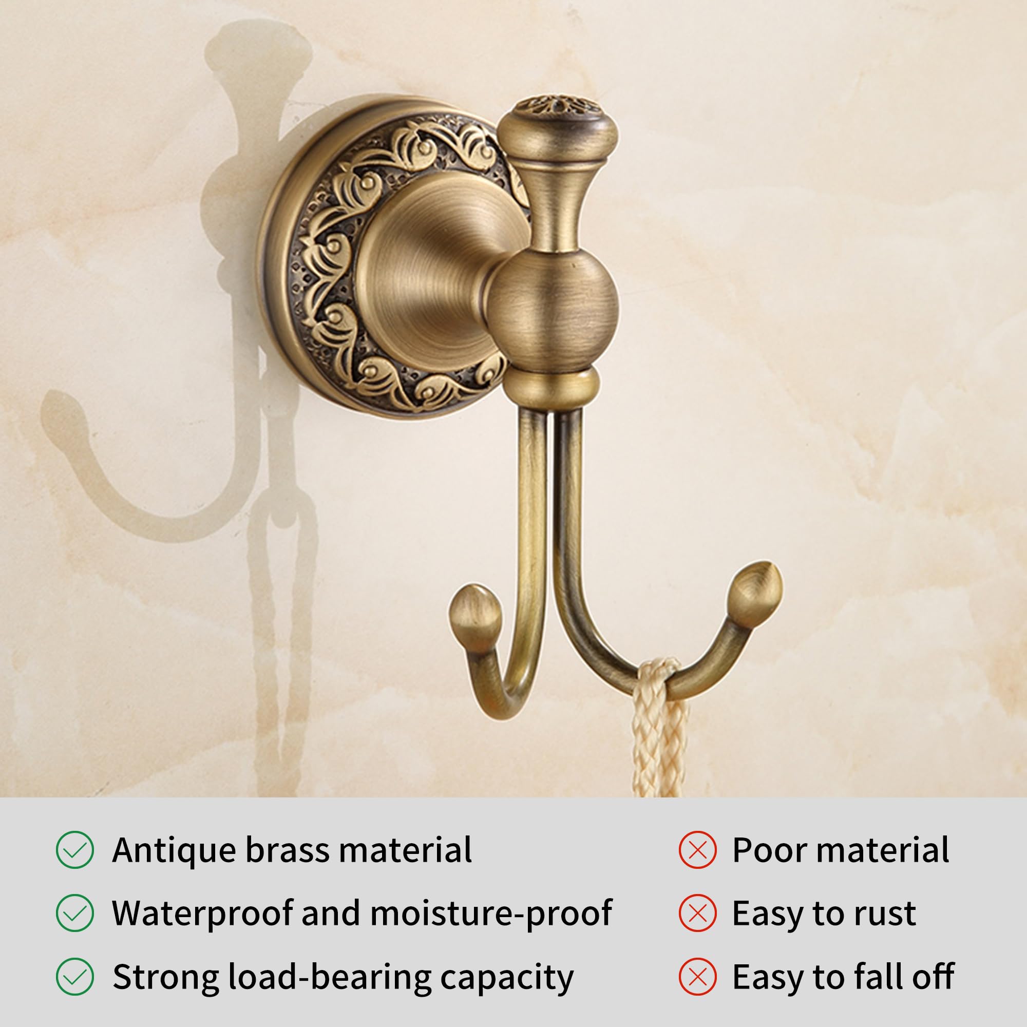 PEONYBATH Antique Bronze Brass Bath Towel Hooks, Wall Mounted Bathroom Hardware Accessories,Pattern Carving Design