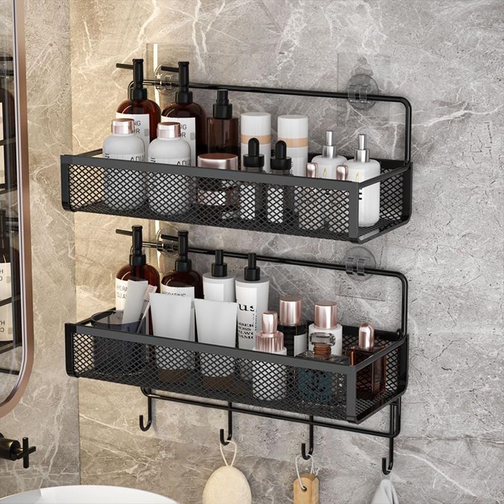 2 Pack Shower Caddy Shelf Organizer Rack, Bathroom Shelves Basket, Adhesive Black Bathroom Accessories, Save Space with Hooks, Toiletries Organization And No Drilling Shower Shelves (White)