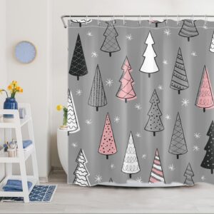 LB Christmas Tree Shower Curtain Black and White Pink XMAS Tree with Snowflake Grey Bathroom Shower Curtain Winter Holiday Bathroom Decor with Hooks 72Lx72W Inch Waterproof Polyester Bath Curtain