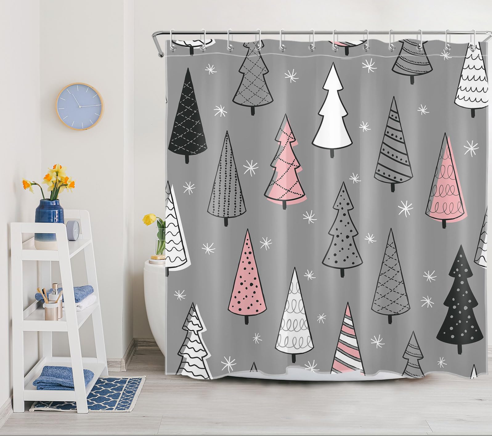 LB Christmas Tree Shower Curtain Black and White Pink XMAS Tree with Snowflake Grey Bathroom Shower Curtain Winter Holiday Bathroom Decor with Hooks 72Lx72W Inch Waterproof Polyester Bath Curtain