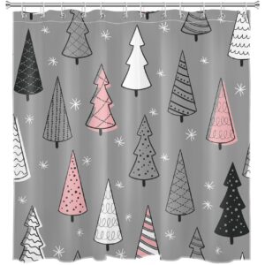 LB Christmas Tree Shower Curtain Black and White Pink XMAS Tree with Snowflake Grey Bathroom Shower Curtain Winter Holiday Bathroom Decor with Hooks 72Lx72W Inch Waterproof Polyester Bath Curtain