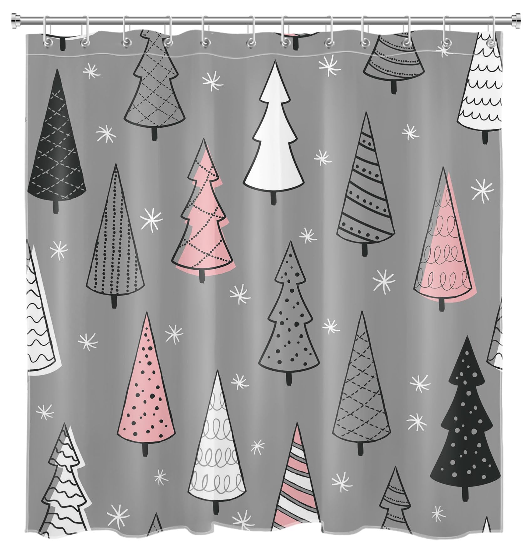 LB Christmas Tree Shower Curtain Black and White Pink XMAS Tree with Snowflake Grey Bathroom Shower Curtain Winter Holiday Bathroom Decor with Hooks 72Lx72W Inch Waterproof Polyester Bath Curtain