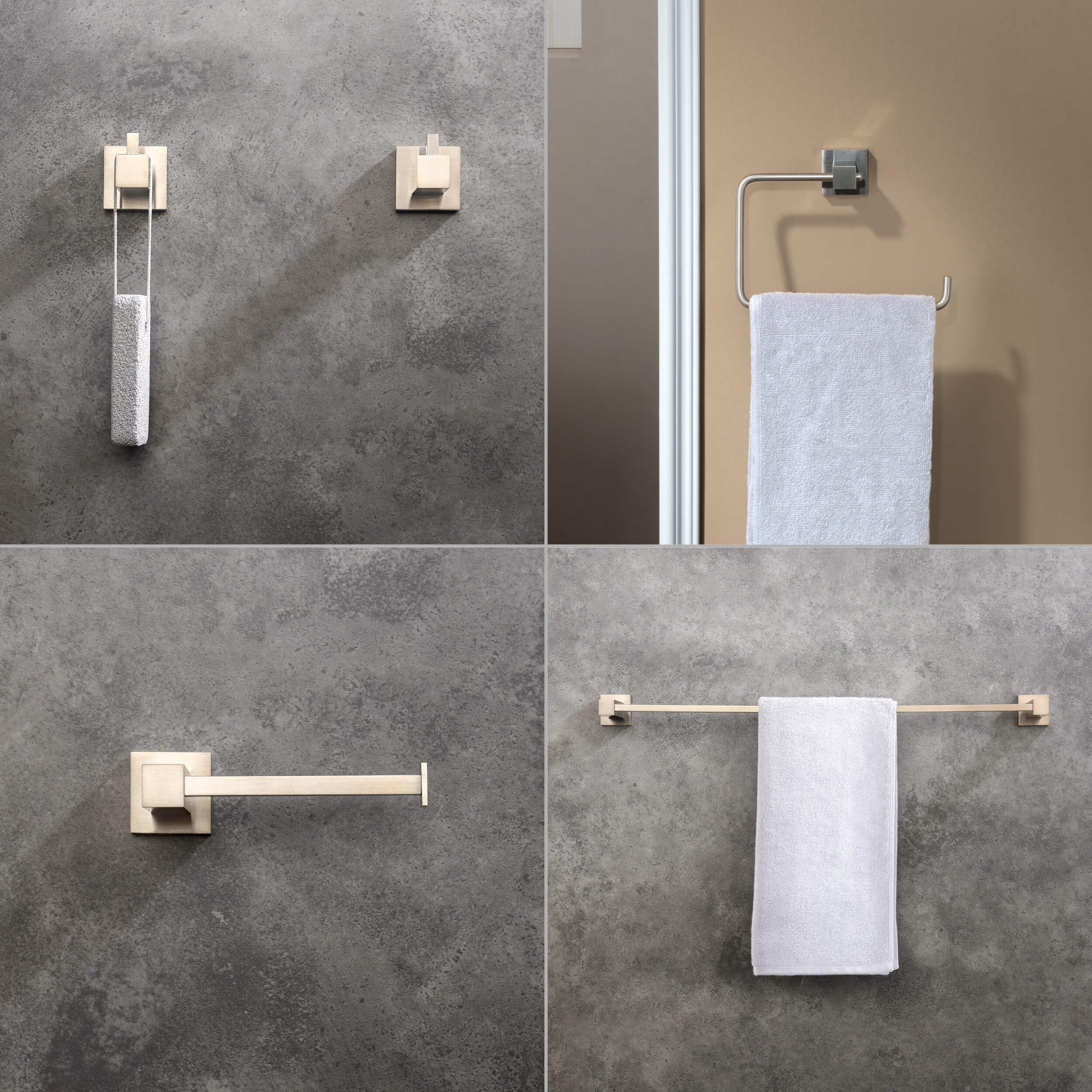 KIBI Cube Bathroom Hardware Set 5 Piece Bathroom Accessories Set | Towel Bar (24"), Towel Ring, Toilet Paper Holder, Robe Hooks (Brushed Nickel) (C-KBA15-5-1)