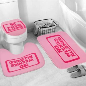 No Weenies Allowed Shower Curtain Set, Funny Shower Curtain with Bath Rug U-Shaped Mat Toilet Lid Cover, 4Pcs Pink Letter Print Bathroom Bathtub Curtain Set with Rustproof Metal Hooks