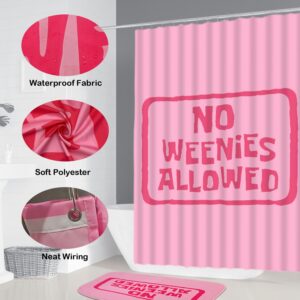 No Weenies Allowed Shower Curtain Set, Funny Shower Curtain with Bath Rug U-Shaped Mat Toilet Lid Cover, 4Pcs Pink Letter Print Bathroom Bathtub Curtain Set with Rustproof Metal Hooks