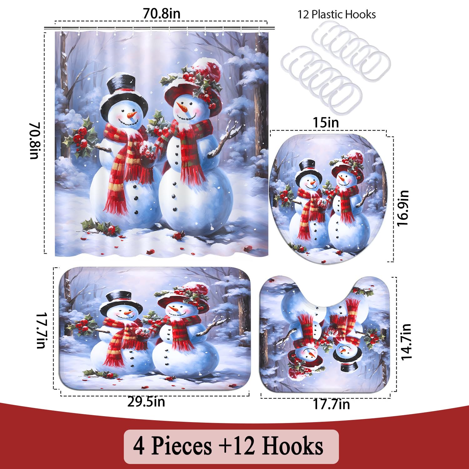 XVWJ 4Pcs Christmas Tree Snowman Shower Curtain Set with Rugs, Dreamy Snowman Couples Bathroom Set with Shower Curtains with Hooks, Waterproof Fabric Christmas Bathroom Decorations Shower Curtain Set