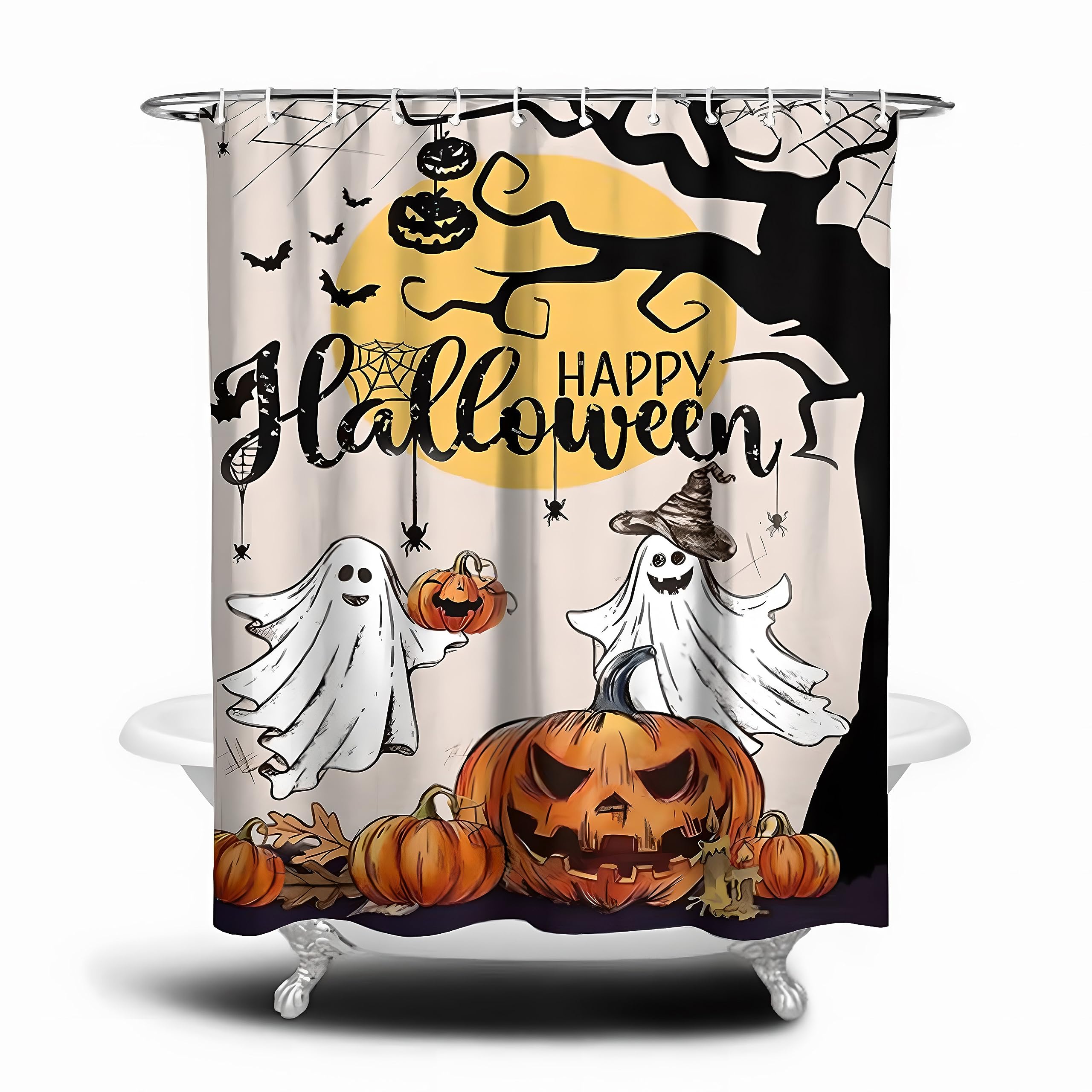 Halloween Shower Curtain for Bathroom Cute Ghost Bat Pumpkin Shower Curtains with Hooks for Halloween Decoration 72X72 Inch