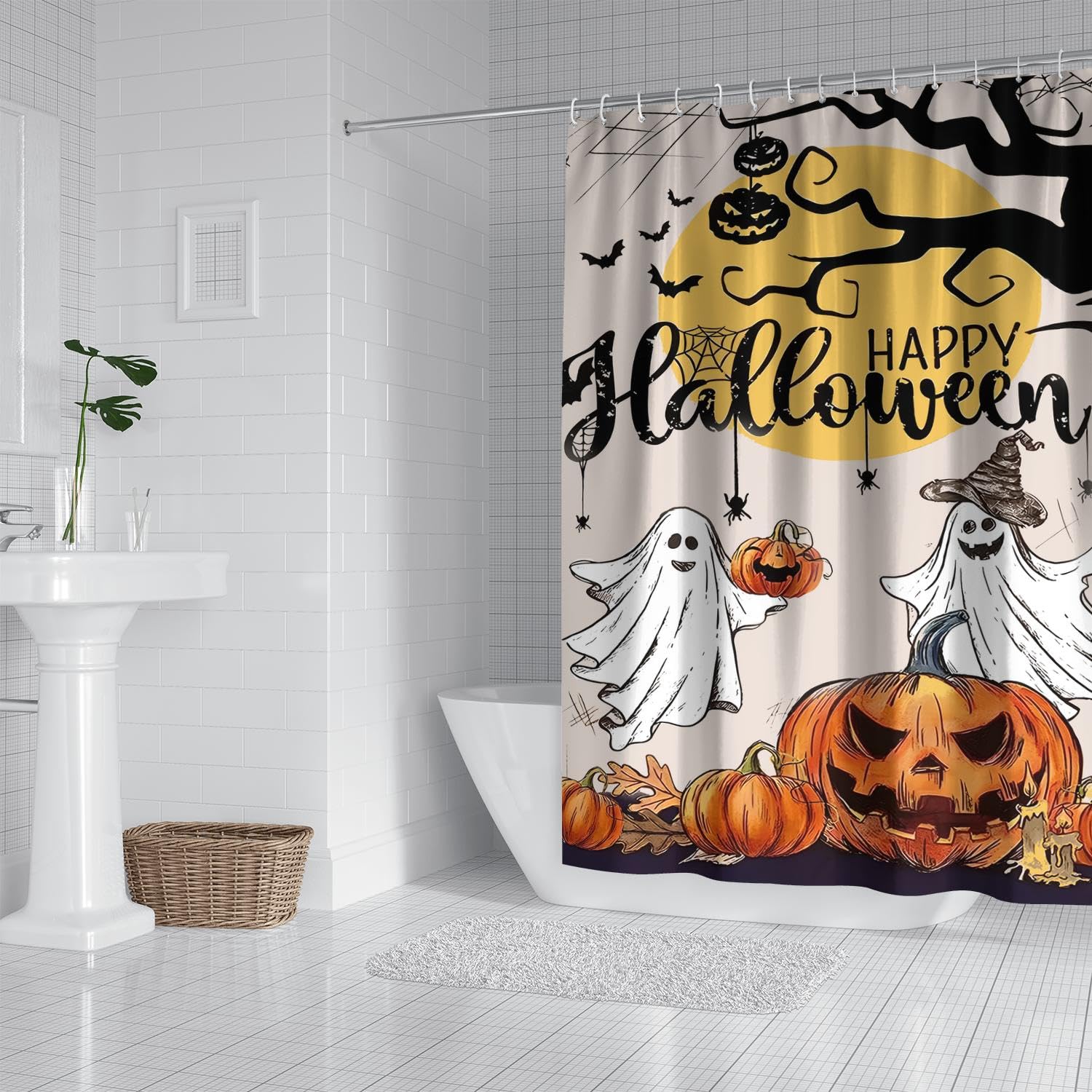 Halloween Shower Curtain for Bathroom Cute Ghost Bat Pumpkin Shower Curtains with Hooks for Halloween Decoration 72X72 Inch