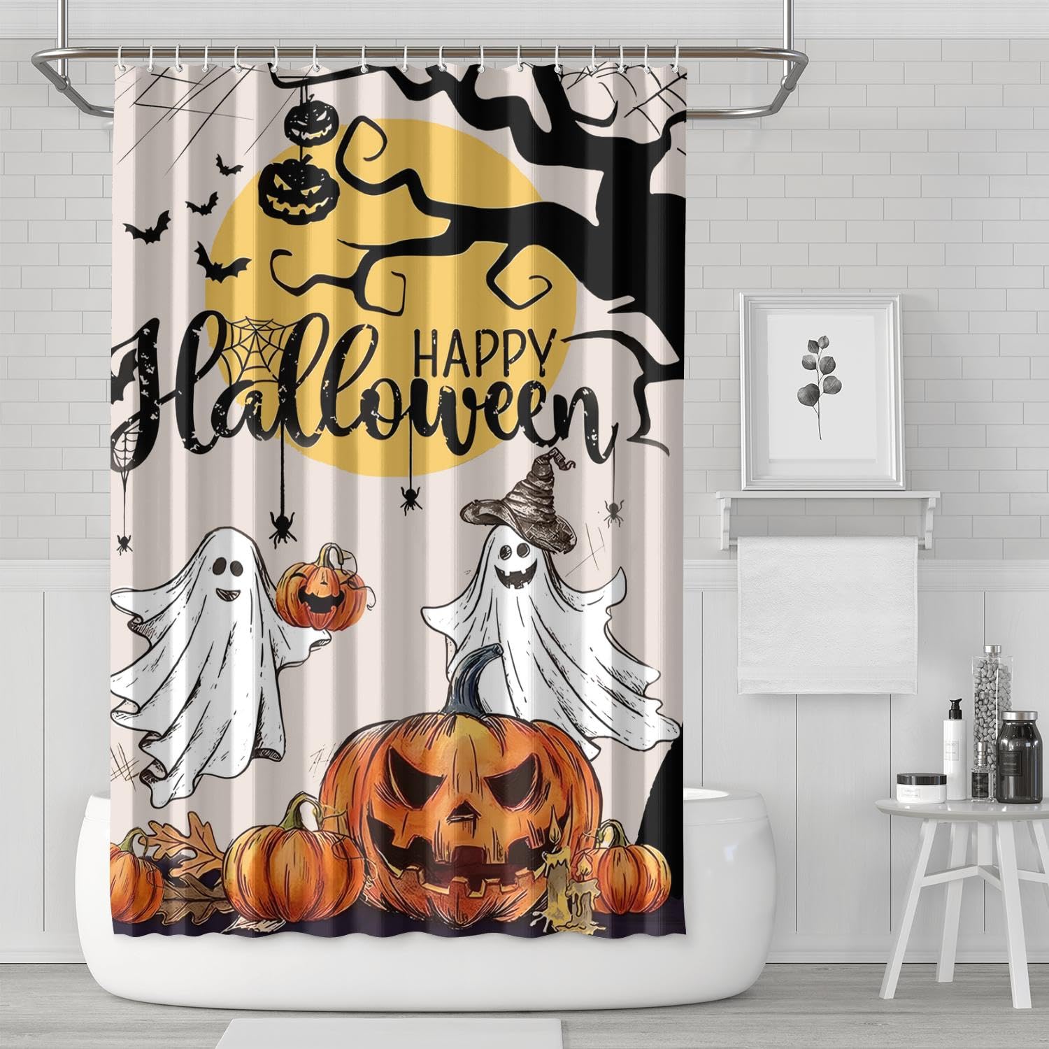 Halloween Shower Curtain for Bathroom Cute Ghost Bat Pumpkin Shower Curtains with Hooks for Halloween Decoration 72X72 Inch