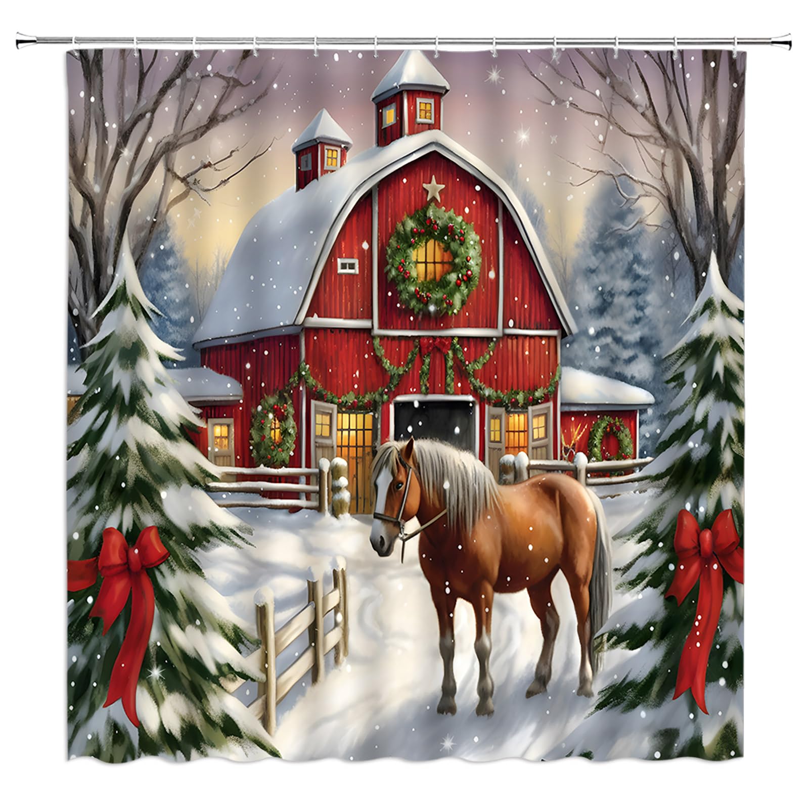 WANVYON Christmas Shower Curtain Farm Horse Farmhouse Barn Snowy Pine Trees Rustic Winter Holiday Bathroom Decor Polyester Curtains with Hooks