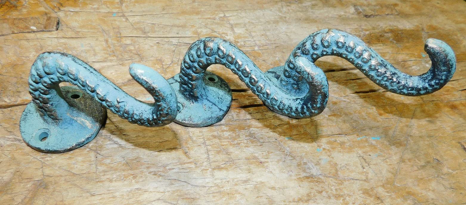 Vintage 2 Cast Iron Octopus Tentacle Wall Hooks Bathroom Towel Hook Nautical Coat Key