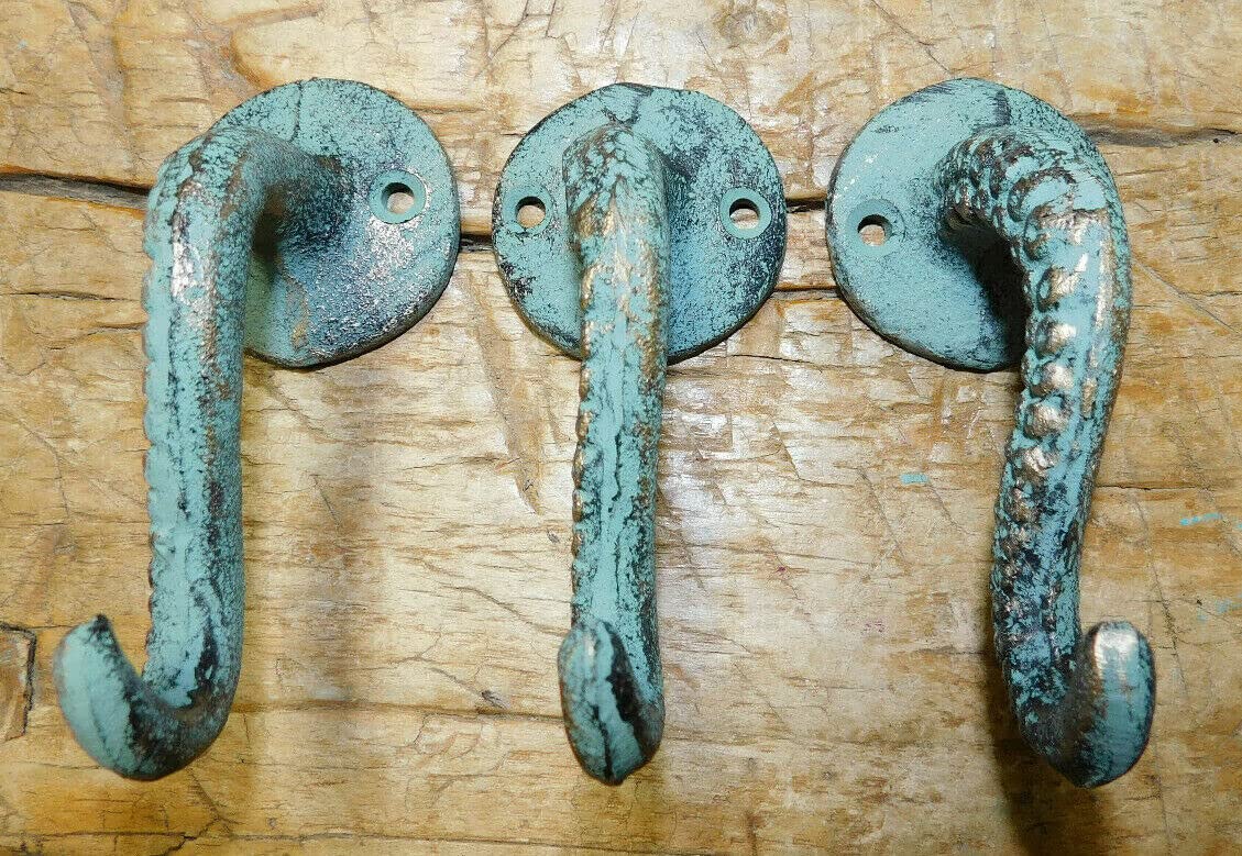 Vintage 2 Cast Iron Octopus Tentacle Wall Hooks Bathroom Towel Hook Nautical Coat Key