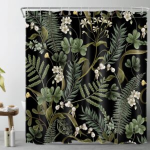 eobtain green leaf shower curtain for bathroom vintage floral and fern plant leaves on black fabric shower curtain with 12 hooks boho botanical bathroom curtains shower set 72x72 inch