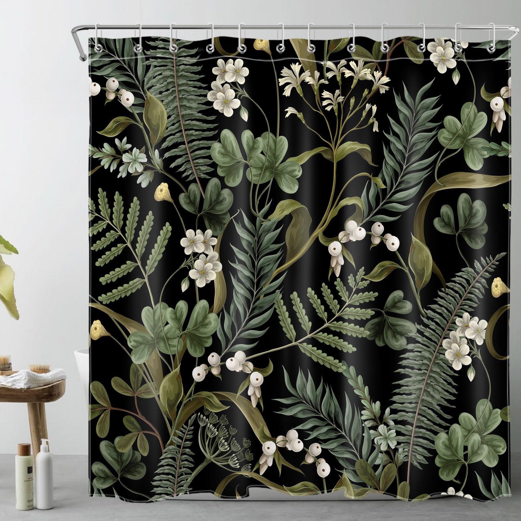 EOBTAIN Green Leaf Shower Curtain for Bathroom Vintage Floral and Fern Plant Leaves on Black Fabric Shower Curtain with 12 Hooks Boho Botanical Bathroom Curtains Shower Set 72x72 Inch