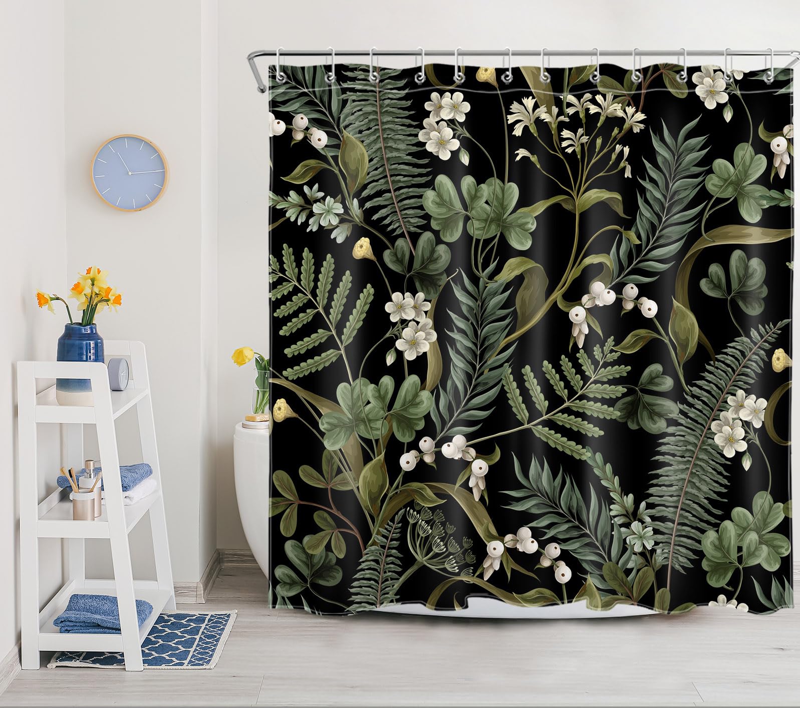 EOBTAIN Green Leaf Shower Curtain for Bathroom Vintage Floral and Fern Plant Leaves on Black Fabric Shower Curtain with 12 Hooks Boho Botanical Bathroom Curtains Shower Set 72x72 Inch