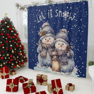 Navy Blue Snowman Christmas Shower Curtain, Xmas Pine Cones Botanical Stall Shower Curtains for Bathroom/Bathtub, Winter Snowflake Waterproof Fabric Shower Curtain Set with 12 Hooks, Standard 72"x72"