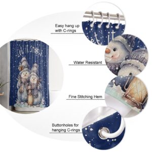 Navy Blue Snowman Christmas Shower Curtain, Xmas Pine Cones Botanical Stall Shower Curtains for Bathroom/Bathtub, Winter Snowflake Waterproof Fabric Shower Curtain Set with 12 Hooks, Standard 72"x72"