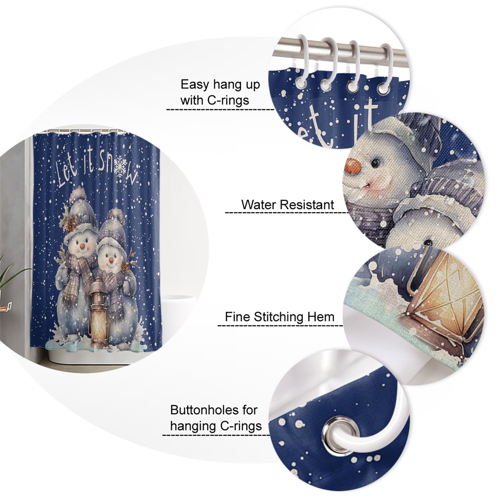 Navy Blue Snowman Christmas Shower Curtain, Xmas Pine Cones Botanical Stall Shower Curtains for Bathroom/Bathtub, Winter Snowflake Waterproof Fabric Shower Curtain Set with 12 Hooks, Standard 72"x72"