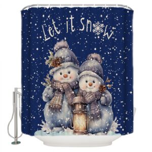 Navy Blue Snowman Christmas Shower Curtain, Xmas Pine Cones Botanical Stall Shower Curtains for Bathroom/Bathtub, Winter Snowflake Waterproof Fabric Shower Curtain Set with 12 Hooks, Standard 72"x72"