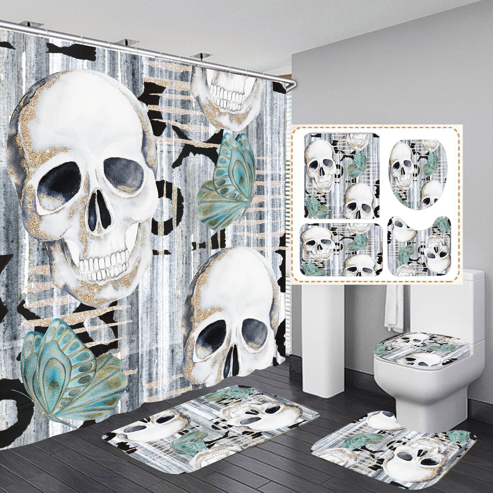 RinRinfam 4Pcs Skull Shower Curtain Set, Helloween Abstract Art Butterfly Skull Shower Curtain Set Non-Slip Rug,Toilet Lid Cover,U Shape Mat,Waterproof Bathroom Decor Sets with 12 Hooks,Blue Gray