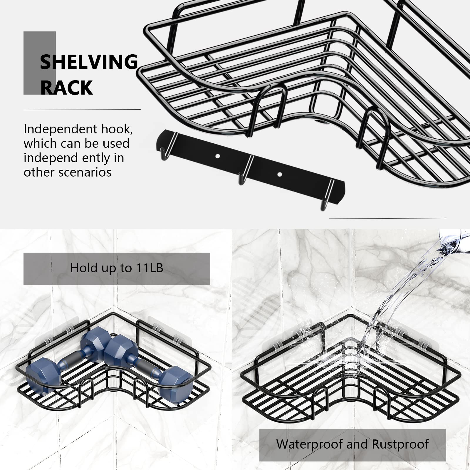 LURVUO Corner Shower Caddy, 4Pack Shower Organizer Corner Shower Shelves with Soap Holder and Independent Hooks, No Drilling Wall Mounted Shower for Rack Bathroom,Dorm and Kitchen Storage.