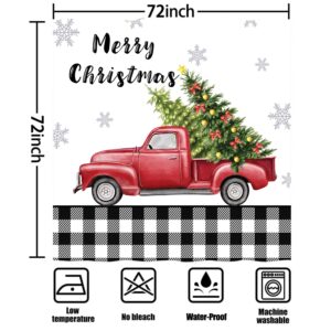 iTapnoom Merry Christmas Shower Curtain, Christmas Tree On The Red Truck and Snowflake Winter Holiday Party Farmhouse,Waterproof Polyester Durable Cloth Fabric Bathroom Decor Set with Hooks,72x72