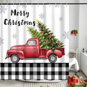 iTapnoom Merry Christmas Shower Curtain, Christmas Tree On The Red Truck and Snowflake Winter Holiday Party Farmhouse,Waterproof Polyester Durable Cloth Fabric Bathroom Decor Set with Hooks,72x72