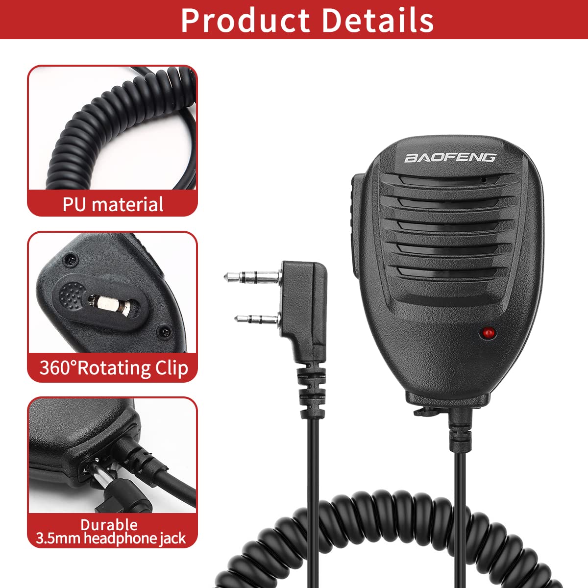 BAOFENG Microphone Accessories for Ham Radio Police Walkie Talkie Speaker Mic for UV-5R BF-F8HP5RM UV-21R K5PLUS GM-15 Pro UV-5G Plus GM-5RH TIDRADIO TD-H3 TD-H8 Quansheng UV-K5 (Black-1Pack+Headset)