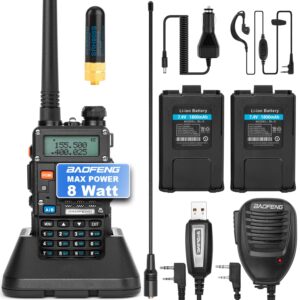 baofeng uv-5r 8-watt (3rd gen) handheld ham radio with 2 rechargeable battery, dual-band 2-way radio handheld walkie talkies complete set with earpiece and programming cable (pack 1)