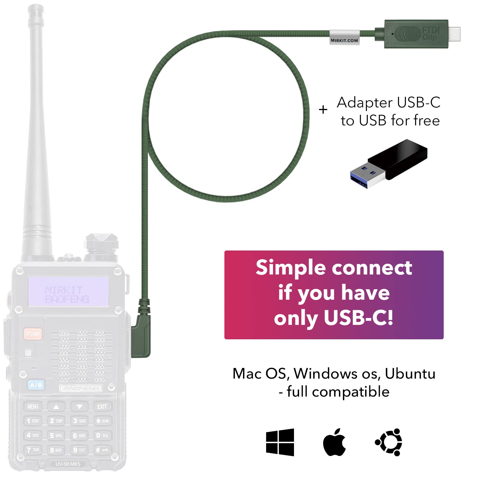 MIRKIT FTDI USB-C Baofeng Programming Cable Green for Flashing Analogue Ham Radio: Baofeng, Wouxun, Kenwood, Archell, Retevis. Compatible with Windows, Mac, Ubuntu OS