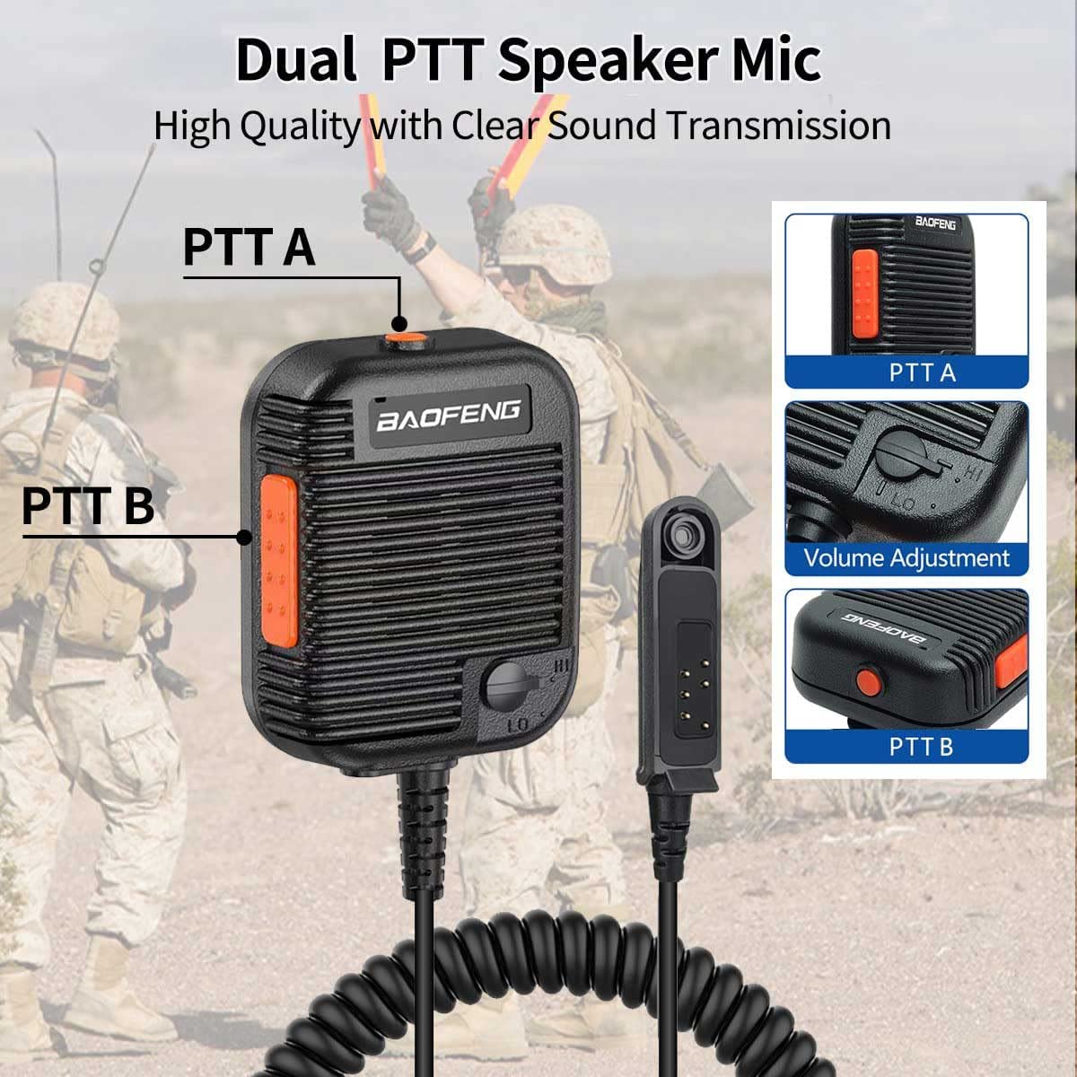 BAOFENG Ham Radio Speaker Mic Tactical Volume Adjustable Dual PTT Mic with 3.5mm Acoustic Tube Earpiece UV-9R Plus UV-9RPRO GMRS-9R UV-9G GT-3WP BF-9700 Waterproof Two Way Radio