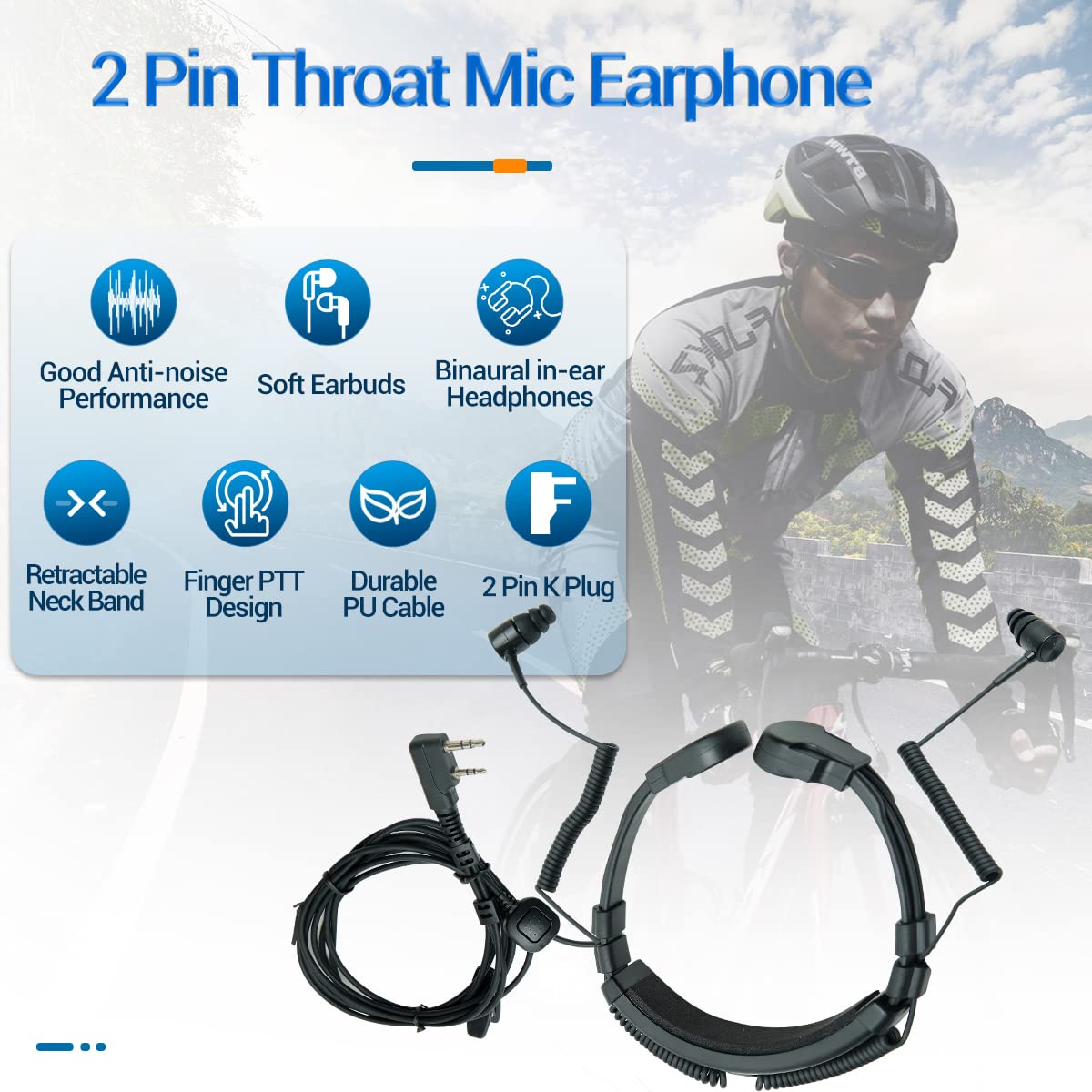 BAOFENG Adjustable Throat Mic Walkie Talkie Earpiece with Finger PTT and Two Earplugs UV-5R BF-F8HP UV-82 AR-152 Retevis RT22 RT68 RB26 BF-888S H-777 Walkie-talkies