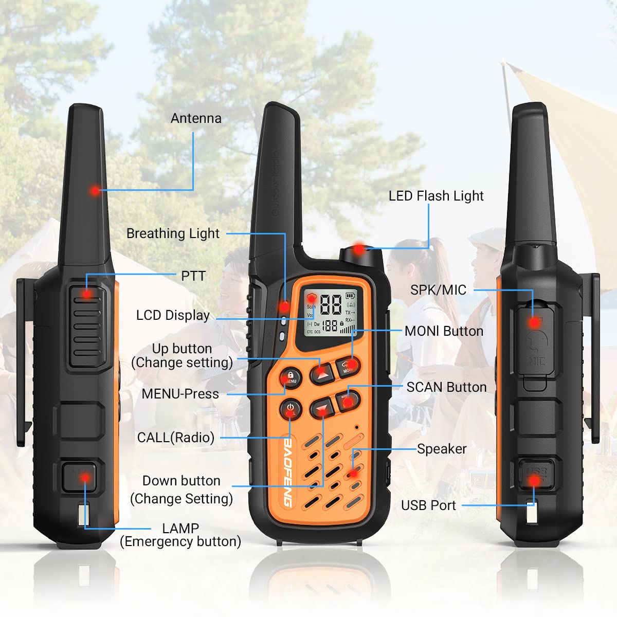 Baofeng Walkie Talkies, Long Range Walkie Talkies for Adults with 22 FRS Channels MP25 Walkie-Talkie with NOAA Weather Alerts and Type-C Charging Cable for Camping Accessories(Orange,Include Battery)