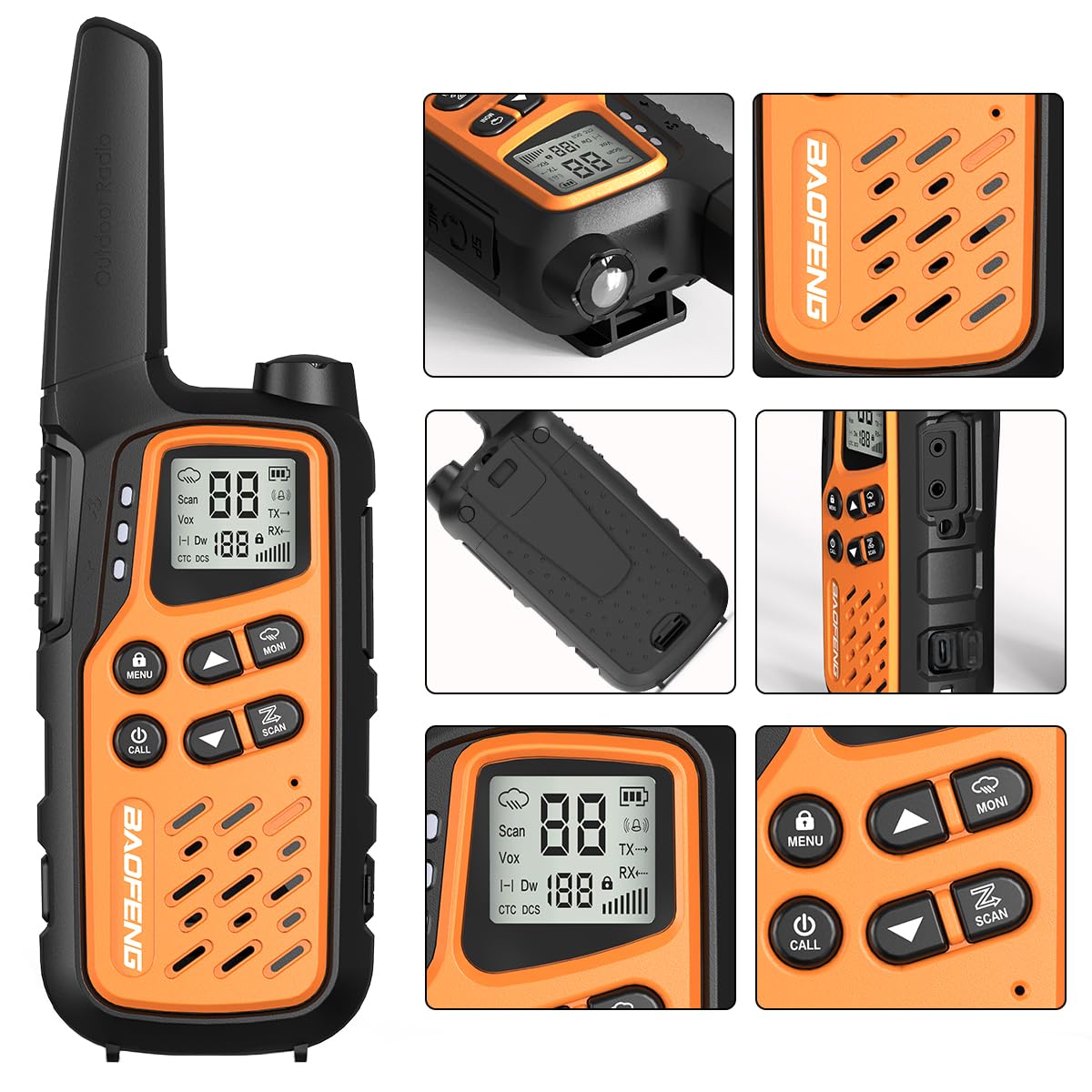 Baofeng Walkie Talkies, Long Range Walkie Talkies for Adults with 22 FRS Channels MP25 Walkie-Talkie with NOAA Weather Alerts and Type-C Charging Cable for Camping Accessories(Orange,Include Battery)