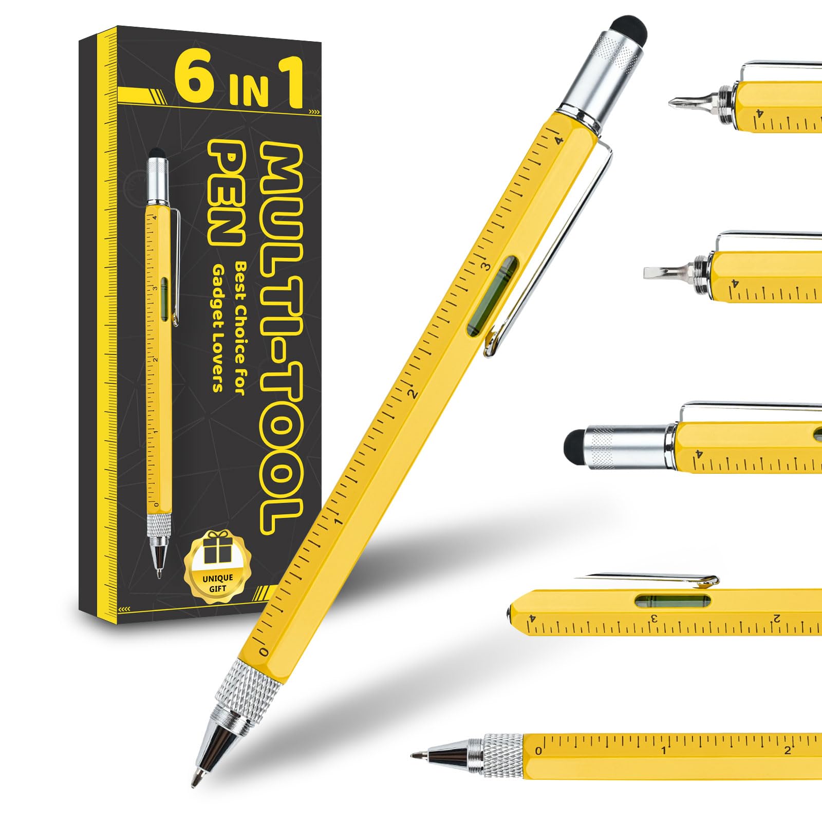 Multitool Pen Cool Gadgets Tools, Gifts for Men Dad Him Birthday Father's Day, Tactical Pen with Stylus, Level, Rulers, Screwdrivers, Boyfriend Husband Carpenter Gift Accessories(Yellow)