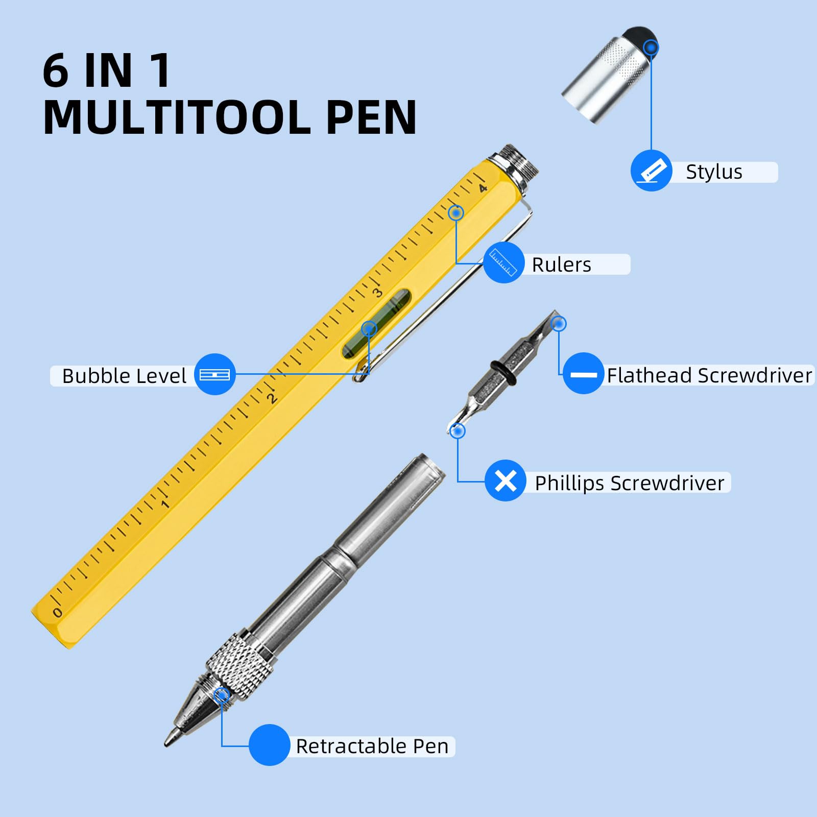 Multitool Pen Cool Gadgets Tools, Gifts for Men Dad Him Birthday Father's Day, Tactical Pen with Stylus, Level, Rulers, Screwdrivers, Boyfriend Husband Carpenter Gift Accessories(Yellow)