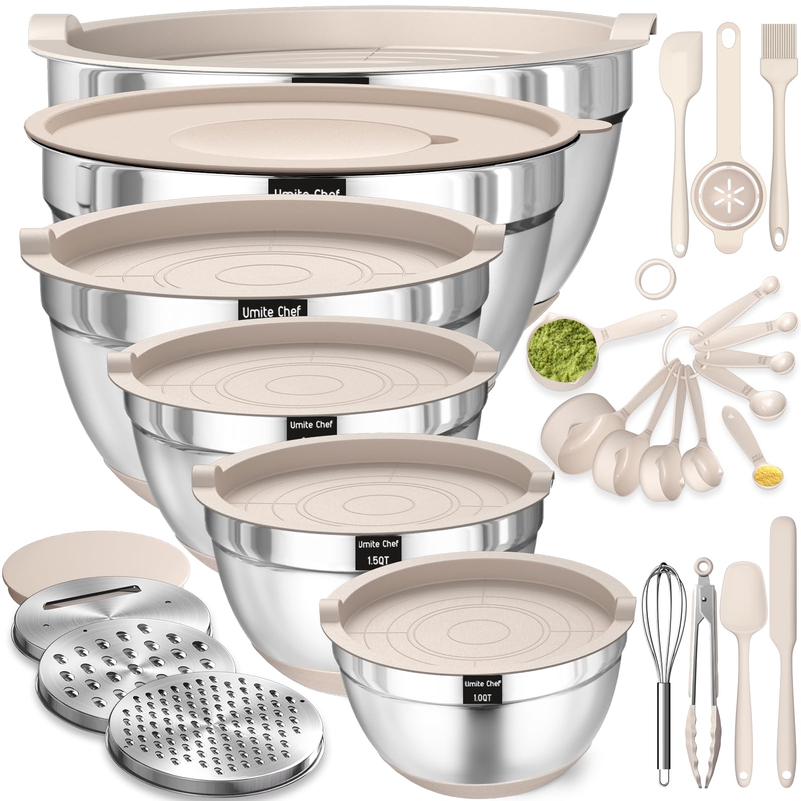 Mixing Bowls with Airtight Lids Set, 26PCS Stainless Steel Khaki Bowls with Grater Attachments, Non-Slip Bottoms & Kitchen Gadgets Set, Size 7, 4, 2.5, 2.0,1.5, 1QT, Great for Mixing & Serving