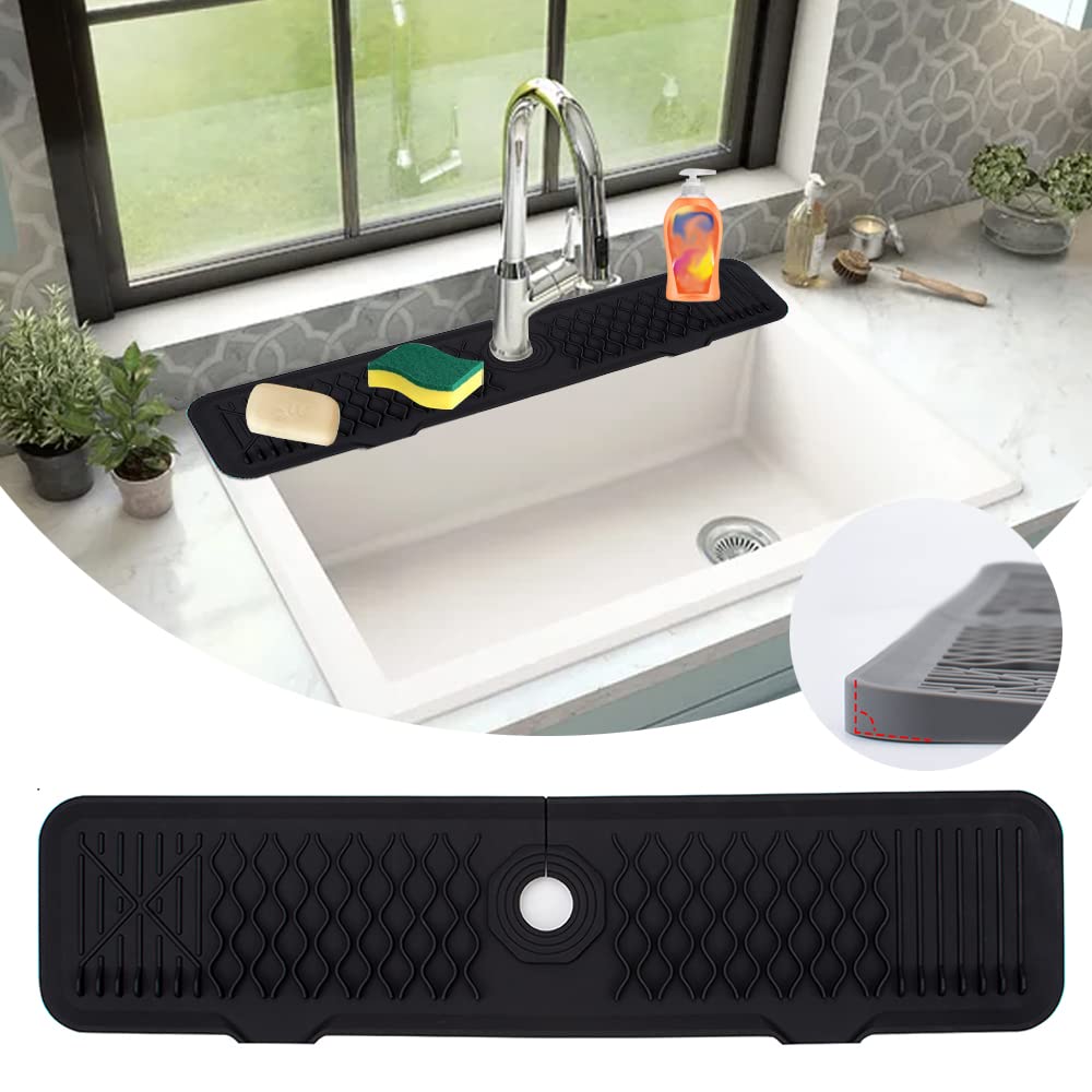 Kitchen Sink Splash Guard,Upgrade 24 Inch Silicone Material Protects Faucet Handle from Dripping Water, Tray Mat for Sponge, Hand Soup and Other Kitchen Gadgets Accessories, Easy to Clean & Install