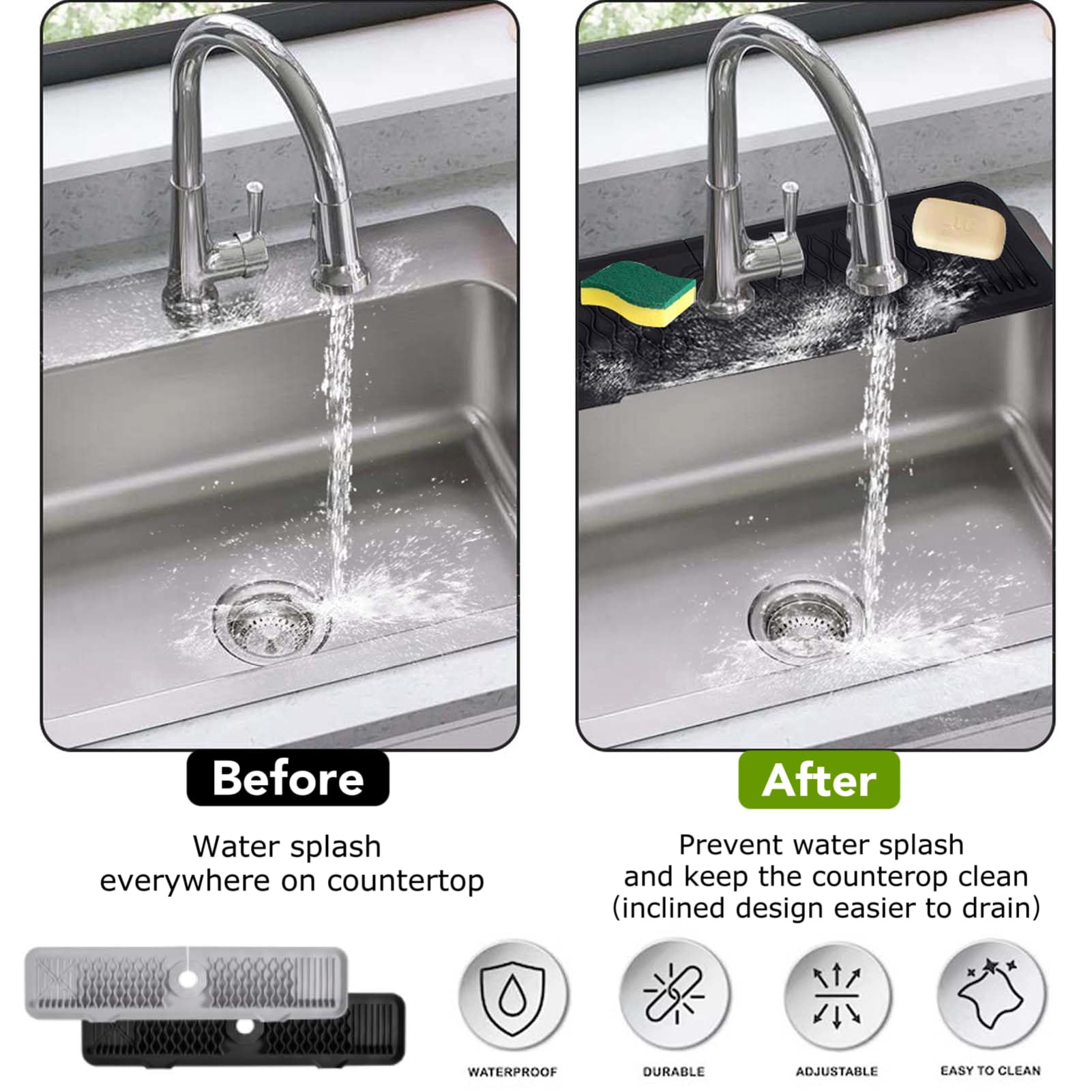 Kitchen Sink Splash Guard,Upgrade 24 Inch Silicone Material Protects Faucet Handle from Dripping Water, Tray Mat for Sponge, Hand Soup and Other Kitchen Gadgets Accessories, Easy to Clean & Install