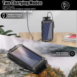 Solar Charger, 20000mAh Portable Outdoor Waterproof Solar Power Bank, Camping External Backup Battery Pack Dual 5V USB Ports Output, 2 Led Light Flashlight with Compass (Black)