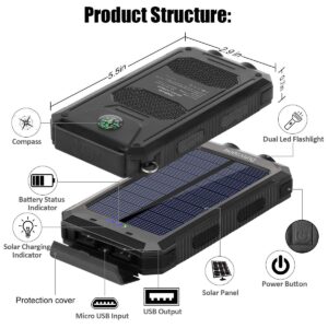 Solar Charger, 20000mAh Portable Outdoor Waterproof Solar Power Bank, Camping External Backup Battery Pack Dual 5V USB Ports Output, 2 Led Light Flashlight with Compass (Black)