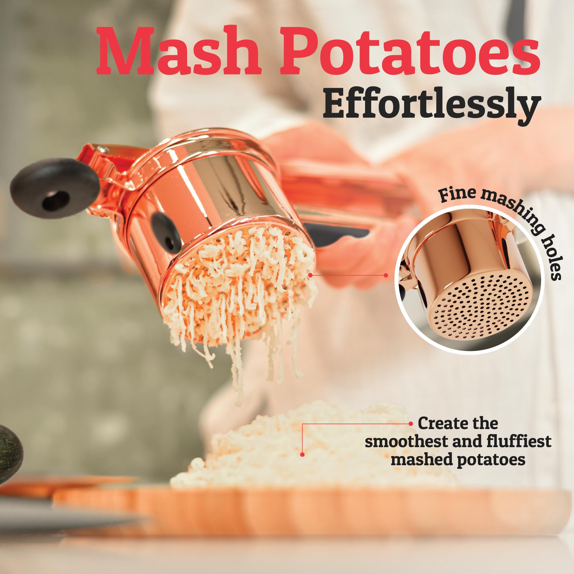 PriorityChef Large 15oz Potato Ricer, Heavy Duty Stainless Steel Potato Masher and Ricer Kitchen Tool, Press and Mash Kitchen Gadget For Perfect Mashed Potatoes - Everytime, Rose Gold and Black