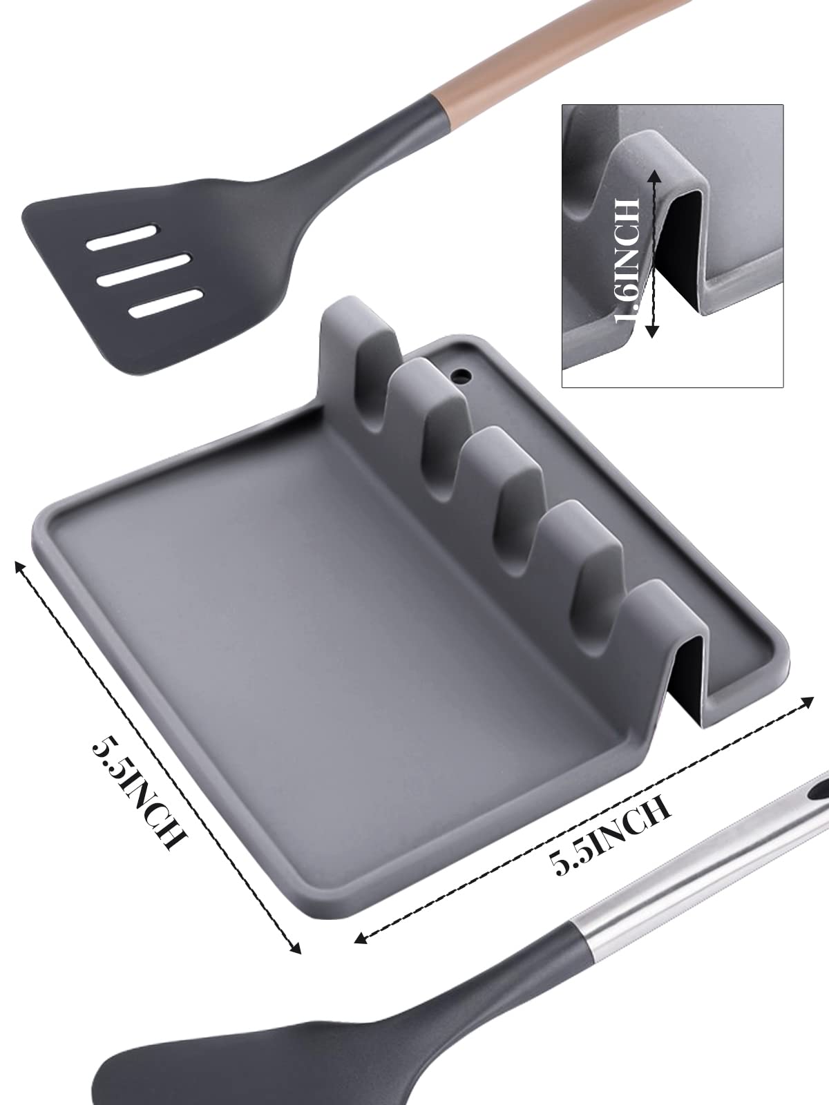 Silicone Spoon Rest with Drip Pad for Stove Top(2PCS), Large Utensil Rest for Multiple Utensils, Heat-Resistant & Dishwasher Safe Kitchen Utensil Holder for Spatula, Ladle, Kitchen Gadgets (Grey)