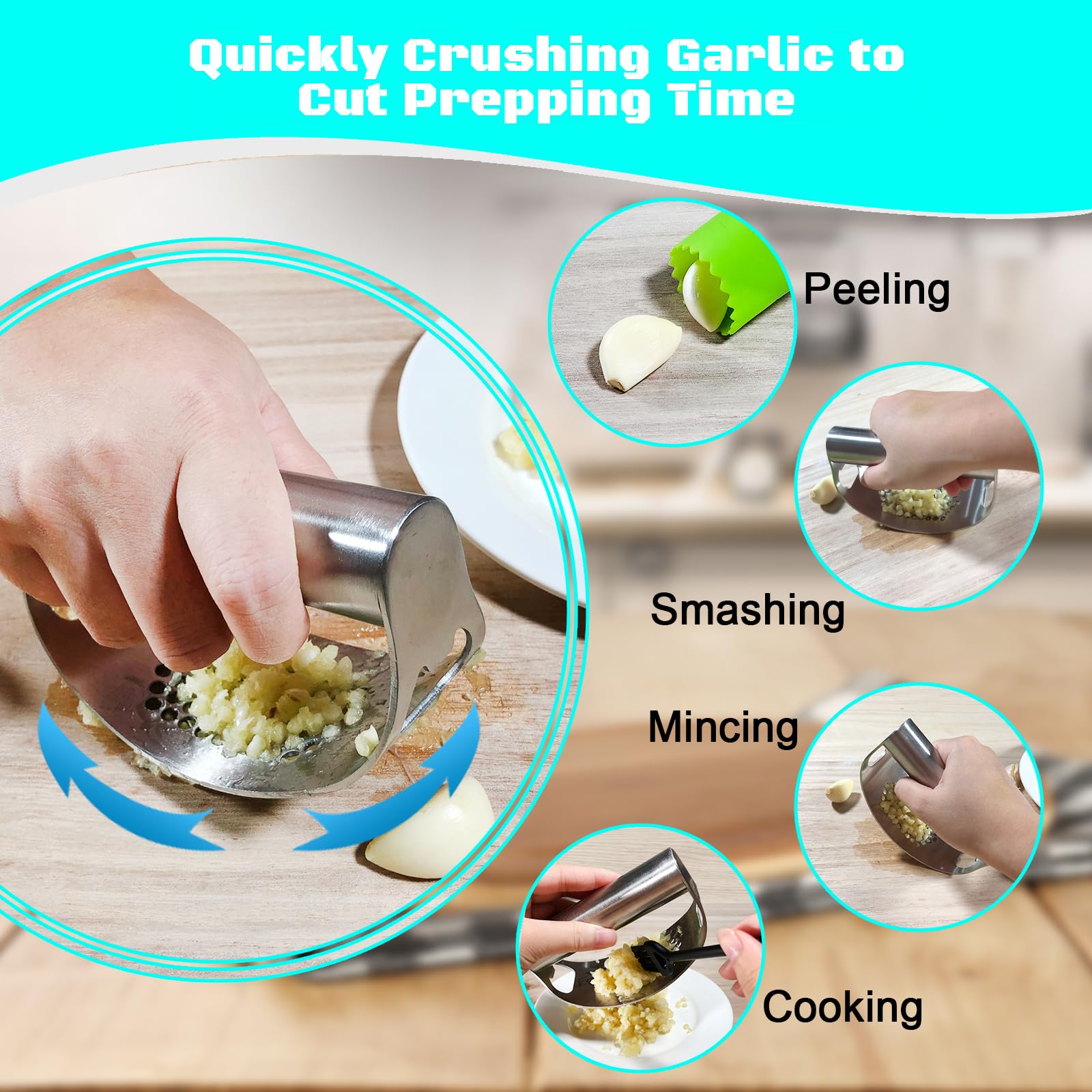 Garlic Press Rocker Set Bottle Opener Heavy Duty Stainless Steel Garlic Mincer Crusher Professional Kitchen Gadgets Garlic Chopper Silicone Peeler And Cleaning Brush