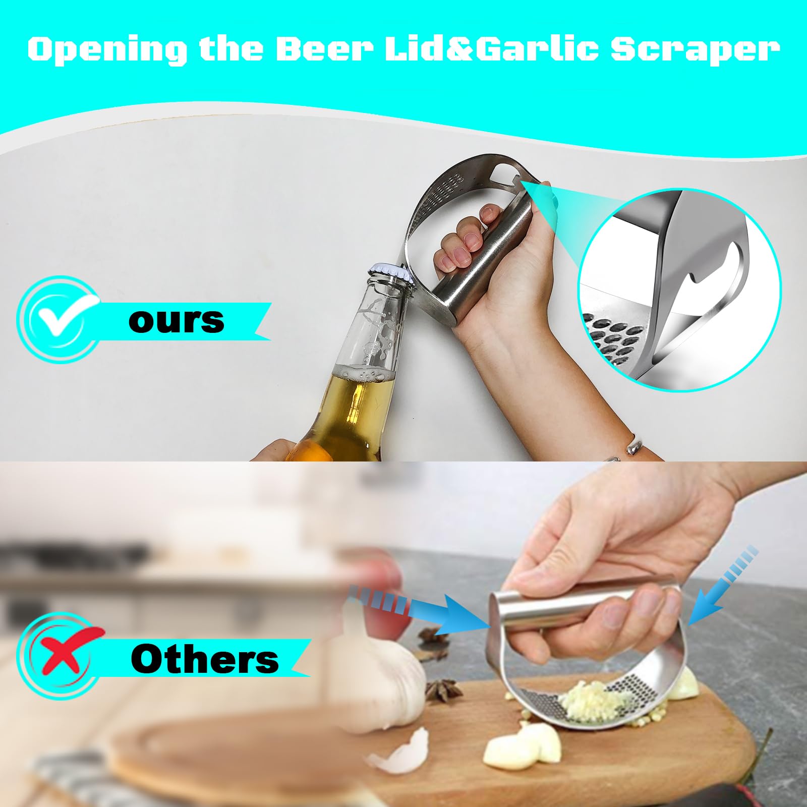 Garlic Press Rocker Set Bottle Opener Heavy Duty Stainless Steel Garlic Mincer Crusher Professional Kitchen Gadgets Garlic Chopper Silicone Peeler And Cleaning Brush