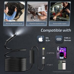 [Dual-Lens] Endoscope Camera with Light, 1920P Borescope Inspection Camera with 8+1 Adjustable LED Lights, Semi-Rigid Snake Cable 16.5FT, IP67 Waterproof for iPhone, iPad, Samsung,Cool Gadgets for Men