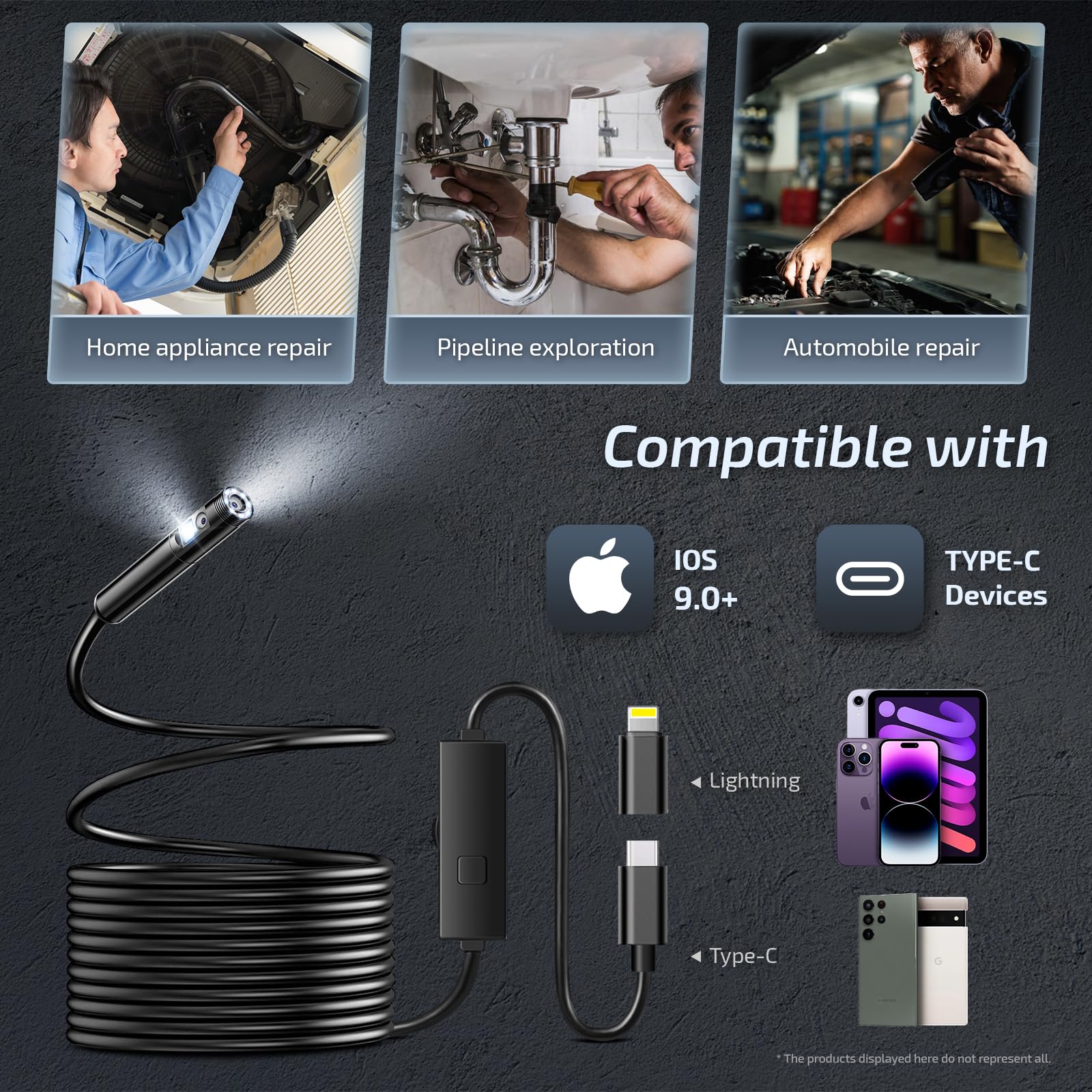 [Dual-Lens] Endoscope Camera with Light, 1920P Borescope Inspection Camera with 8+1 Adjustable LED Lights, Semi-Rigid Snake Cable 16.5FT, IP67 Waterproof for iPhone, iPad, Samsung,Cool Gadgets for Men