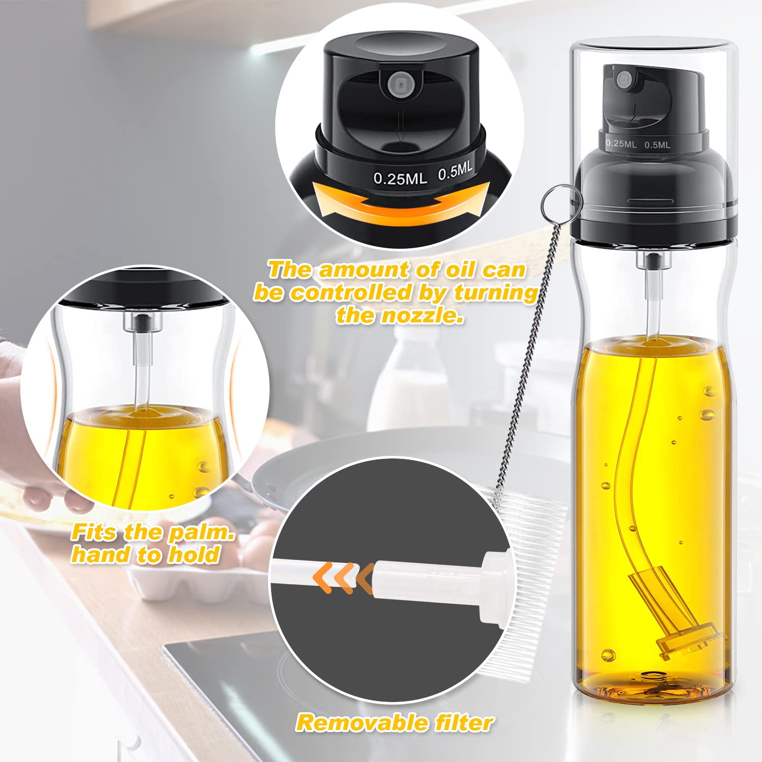 Oil Sprayer for Cooking, 250ml Olive Oil Sprayer Bottle with Brush, Olive Oil Spray Mister, Kitchen Gadgets Accessories for Air Fryer, Canola Oil Spritzer, Widely Used for Baking, Frying, BBQ