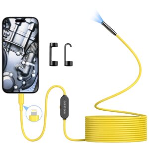 DEPSTECH Endoscope Camera with Lights, 7mm Slim Probe Borescope Inspection Camera with Bluart 3.0 Tech, 16.4ft Semi-Rigid Cable, IP67 Waterproof Snake Camera for IOS 12.0+ Device,Gadget for Men-Yellow